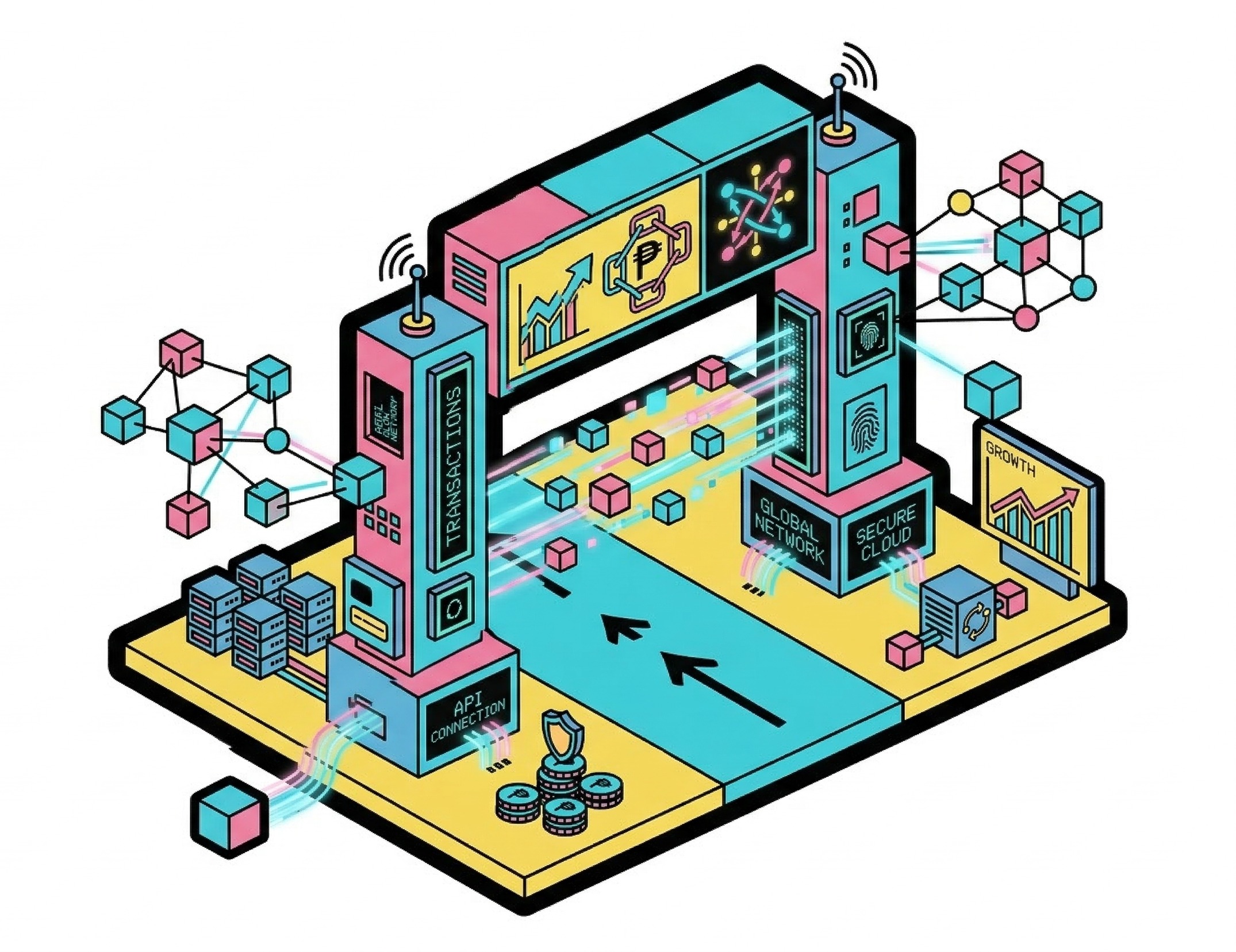 Ilustración isométrica de plataforma tech fintech con servidores, redes, seguridad y datos
